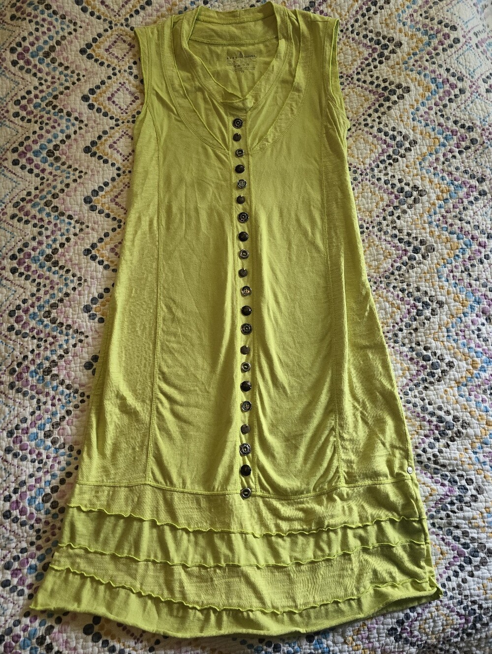 Neon Buddha Womens Apple Green Multi Buttons Cotton Spandex Tunic Dress